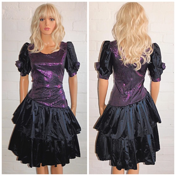 Vintage 80s Black METALLIC Pink Purple Dotty Drop Waist RARA Prom Party Dress 16 L 1980s Kitsch Cocktail Avant Garde Puff Slvd