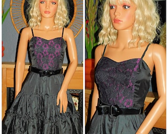 Vintage 80s Purple Black Lace Panel TIERED Prom Party Dress 8 S Xs 1980s Gothic Halloween