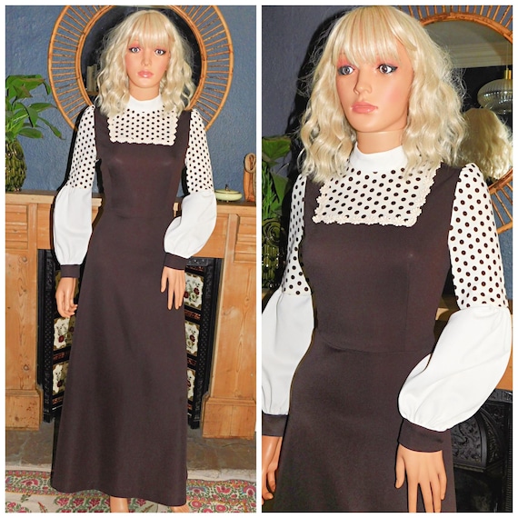 Vintage 70s Brown Cream POLKA Dot Contrast DAISY BIB Maxi Dress 8 10 S 1970s Kitsch Leg O Mutton Sleeves Devonshire Lady Gothic Kitsch