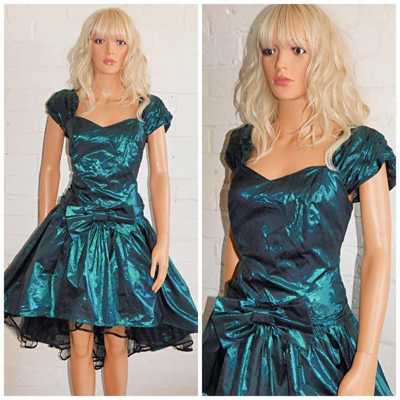Vintage 80s METALLIC Green BOW Extreme Cocktail Party Prom Dress 8 XS 1980s Evening Kitsch Avant Garde