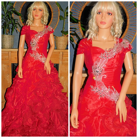 Vintage 90s Lipstick Red EXTREME PRINCESS Diamante Maxi Prom Gypsy Wedding Dress 10 S 1990s Halloween Trashy Kitsch Princess Royal