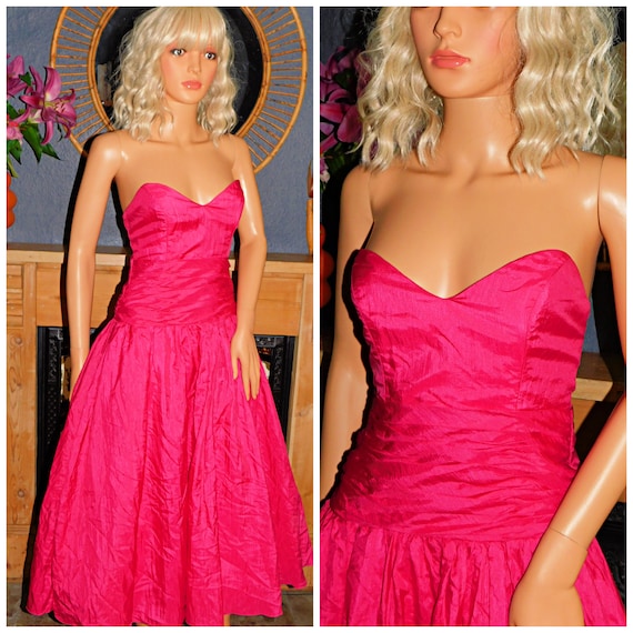 Vintage 80s BUBBLEGUM Pink PRINCESS Bow PROM Party Dress 8 Xs S 1980s Strapless John Charles