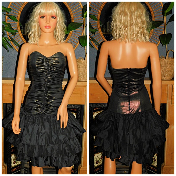 Vintage 80s Black METALLIC Gold DOTTY Print Ruched Strapless RARA Prom Party Dress 6 8 Xs 1980s