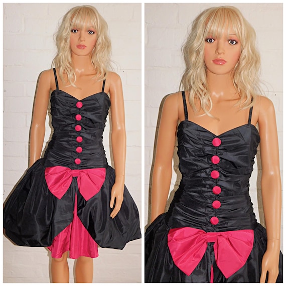 Vintage 80s Black Cerise Pink TUXEDO BOW PUFFBALL Mini Prom Party Dress 10 12 S M 1980s Cocktail Extreme Avant Garde