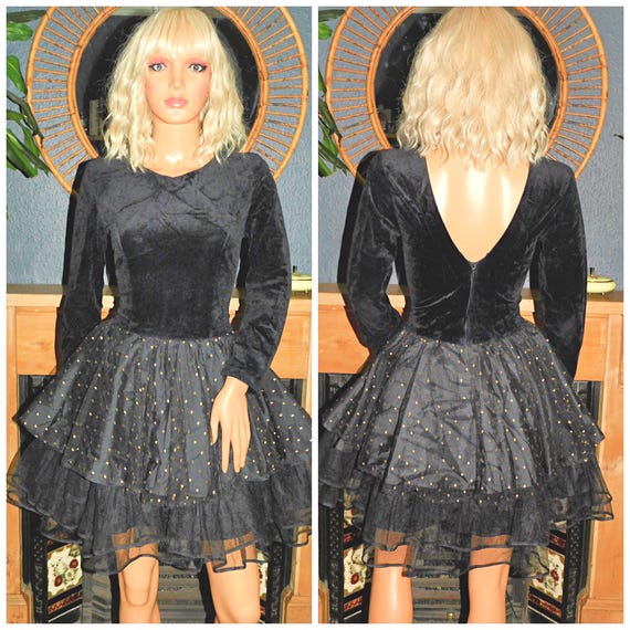 Vintage 80s Black/Gold DOTTY NET Tulle VELVET Prom Party Dress 6 Xs 1980s Kitsch Cocktail Metallic Polka Dot