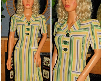 Vintage 20s 30s Green Yellow STRIPED Midi Dress 8 10 S 1920s 1930s Cocktail Day Lawn Lemon Lime