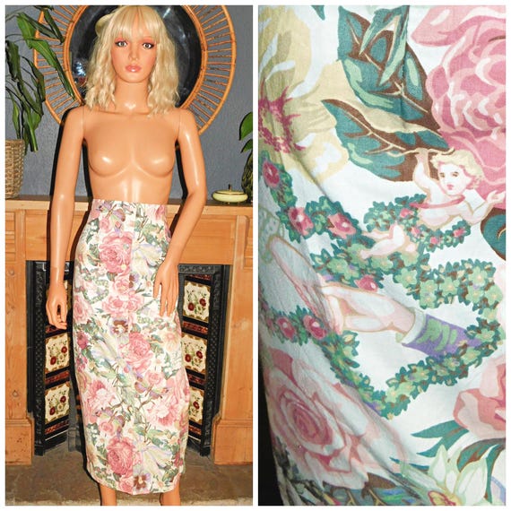 Vintage 80s PASTEL NOVELTY CHERUB Lovers Hands Floral Button Down Skirt 14 M 1980s Nu Wave