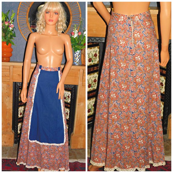 Vintage 70s Multicoloured DITSY Floral PAISLEY Contrast Bohemian Maxi Skirt S 8 XS 1970s Prairie Boho Hippy Hippie Cotton