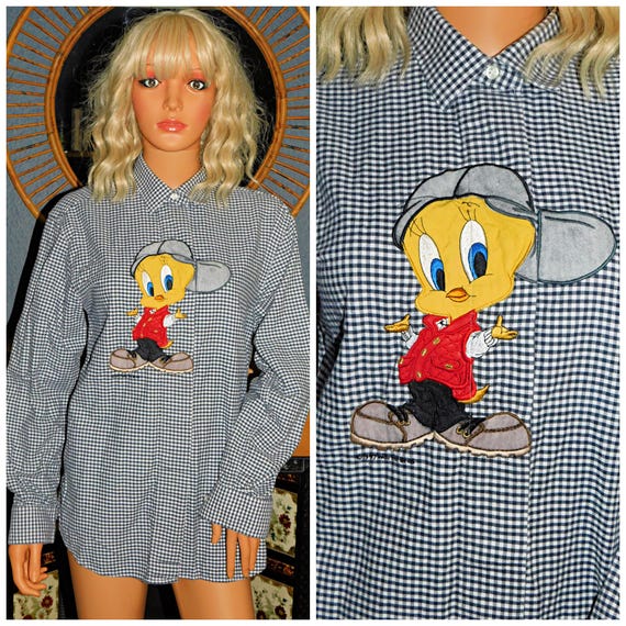 Vintage 80s 90s Black White CHECK TWEETY PIE Applique Shirt Blouse 14 16 M L 1980s Kitsch Novelty
