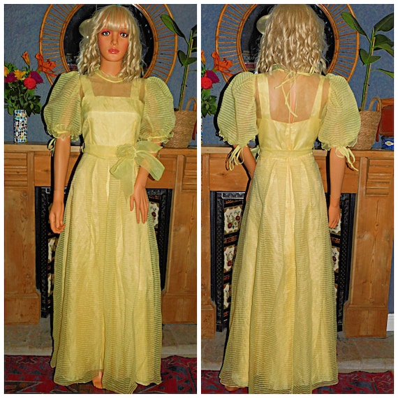 Vintage 70s 80s Yellow PUFF Slvd Princess Maxi Dress 8 S Xs 1970s 1980s Belle Prom Party BOW