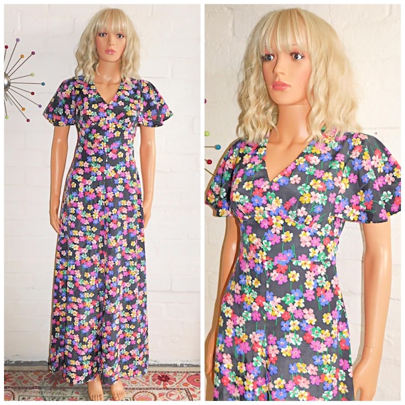 Vintage 70s Multicoloured DITSY Floral WING Slvd BOHEMIAN Maxi Dress 8 S 1970s Boho