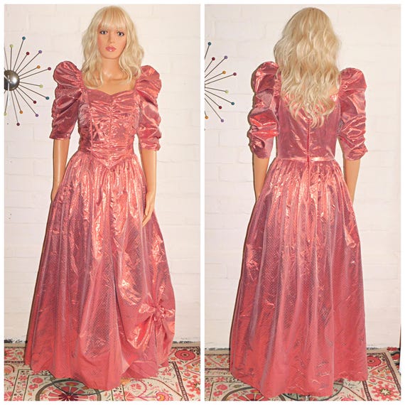 Vintage 80s METALLIC Orange PRINCESS Prom Party Dress 8 S Xs 1980s Evening Cocktail Extreme Puff