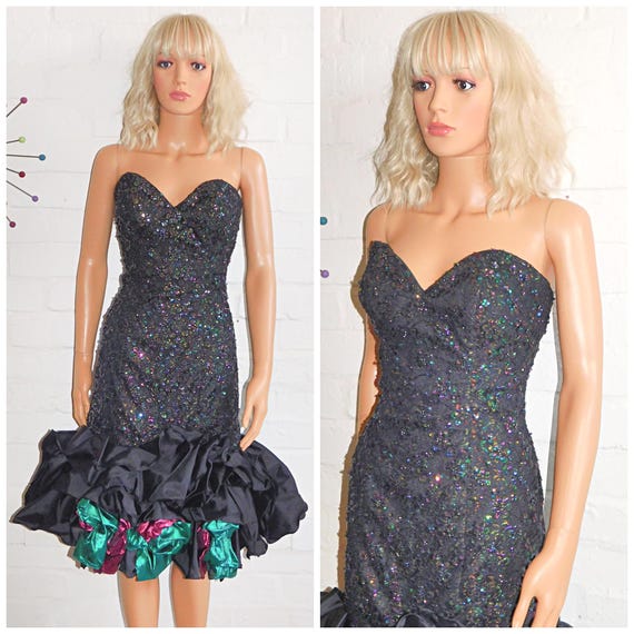 Vintage 80s Black Green Pink Strapless SEQUINNED ORIGAMI Metallic Prom Party Dress 10 S 1980s Extreme Cocktail Evening Avant Garde Kitsch