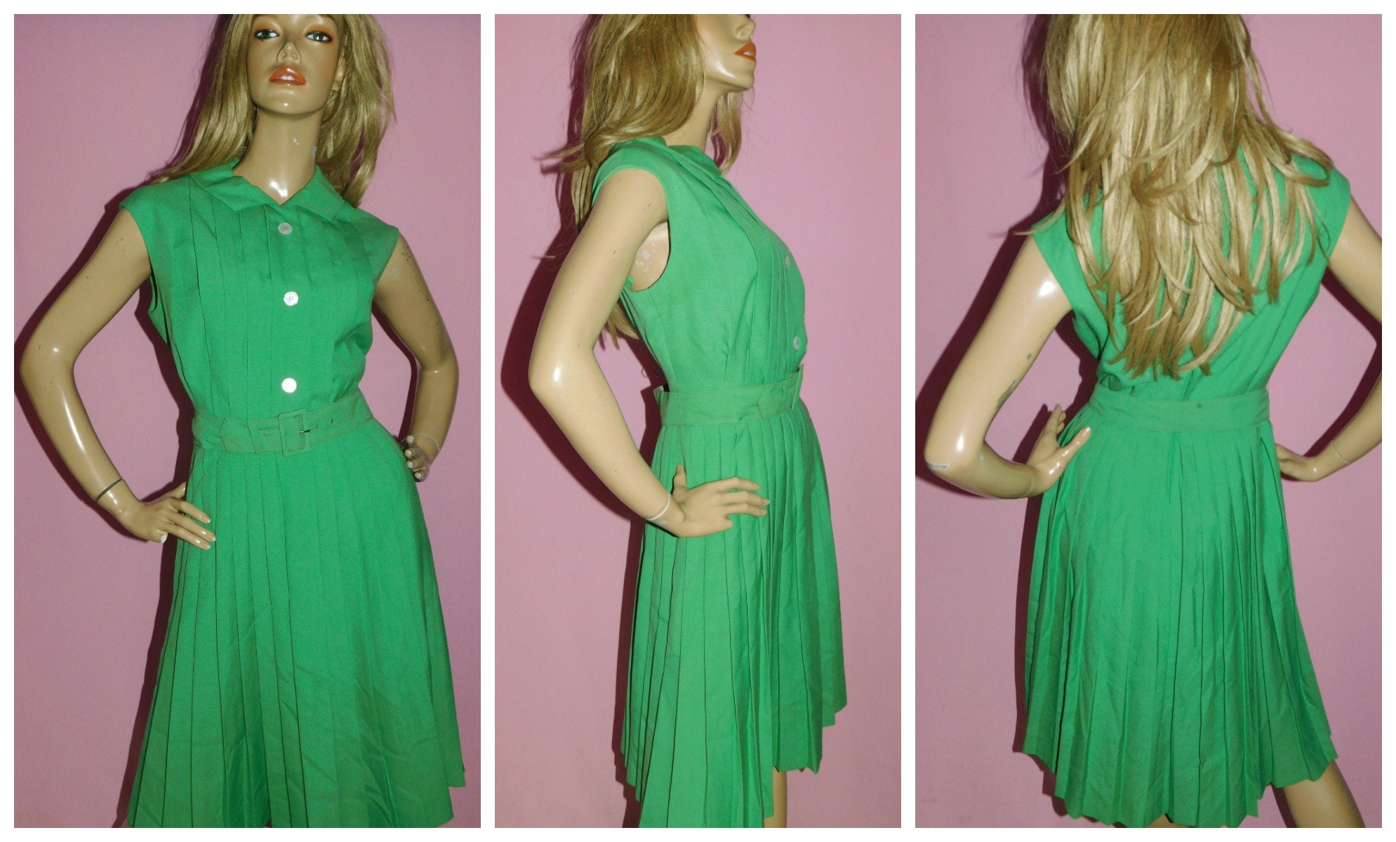 Vintage 50s APPLE Green Pintuck Belted Tea Dress 10 S 1950s Secretary Mid  century Pin up Box pleats Mad Men