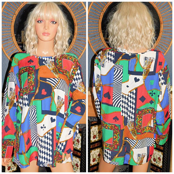 Vintage 80s Bold Multicoloured SCARF Playing Cards Print Blouse Top 18 20 22 XL 1980s Kitsch
