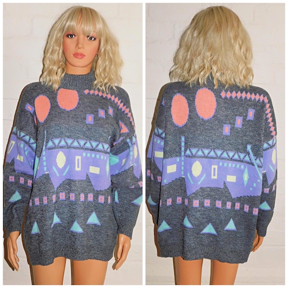 Vintage 90s PASTEL GEOMETRIC Print Jumper Sweater L XL 1980s Geometric Kitsch