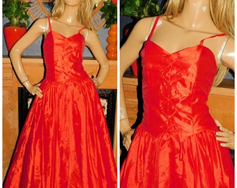 Vintage 80s Lipstick Red TUXEDO PRINCESS PROM Party Dress 8 S 1980s Evening Cocktail Maxi Bridal Wedding