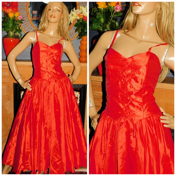 Vintage 80s Lipstick Red TUXEDO PRINCESS PROM Party Dress 8 S 1980s Evening Cocktail Maxi Bridal Wedding