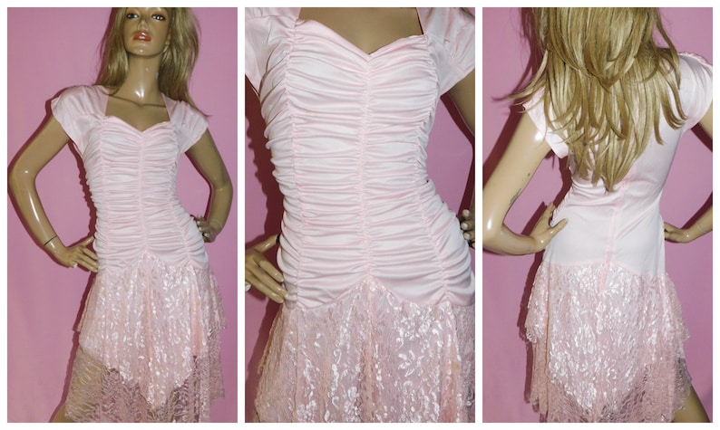 Vintage 80s TRASHY Peach Pink RUCHED LACE Prom Party Wedding Dress 8-10 S 1980s Hen Party Cocktail Bride Kitsch