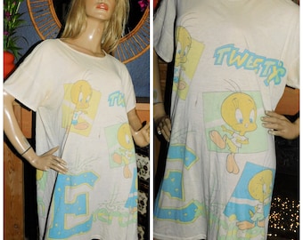 Vintage 80s Soft SINGLE Stitch Yellow Paper THIN TWEETY Pie T shirt Night Dress M L 1980s Graphic Cheeky French