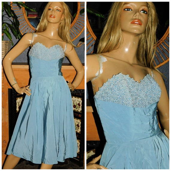 Vintage 50s POWDER Blue Shelf Bust Strapless Tea Party Prom Dress 8 S 1950s Cupcake Evening Cocktail Mid Century Wedding