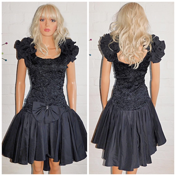 Vintage 80s Black Ruffled ORIGAMI Avant Garde BOW Prom Party Dress 14 M 1980s Extreme