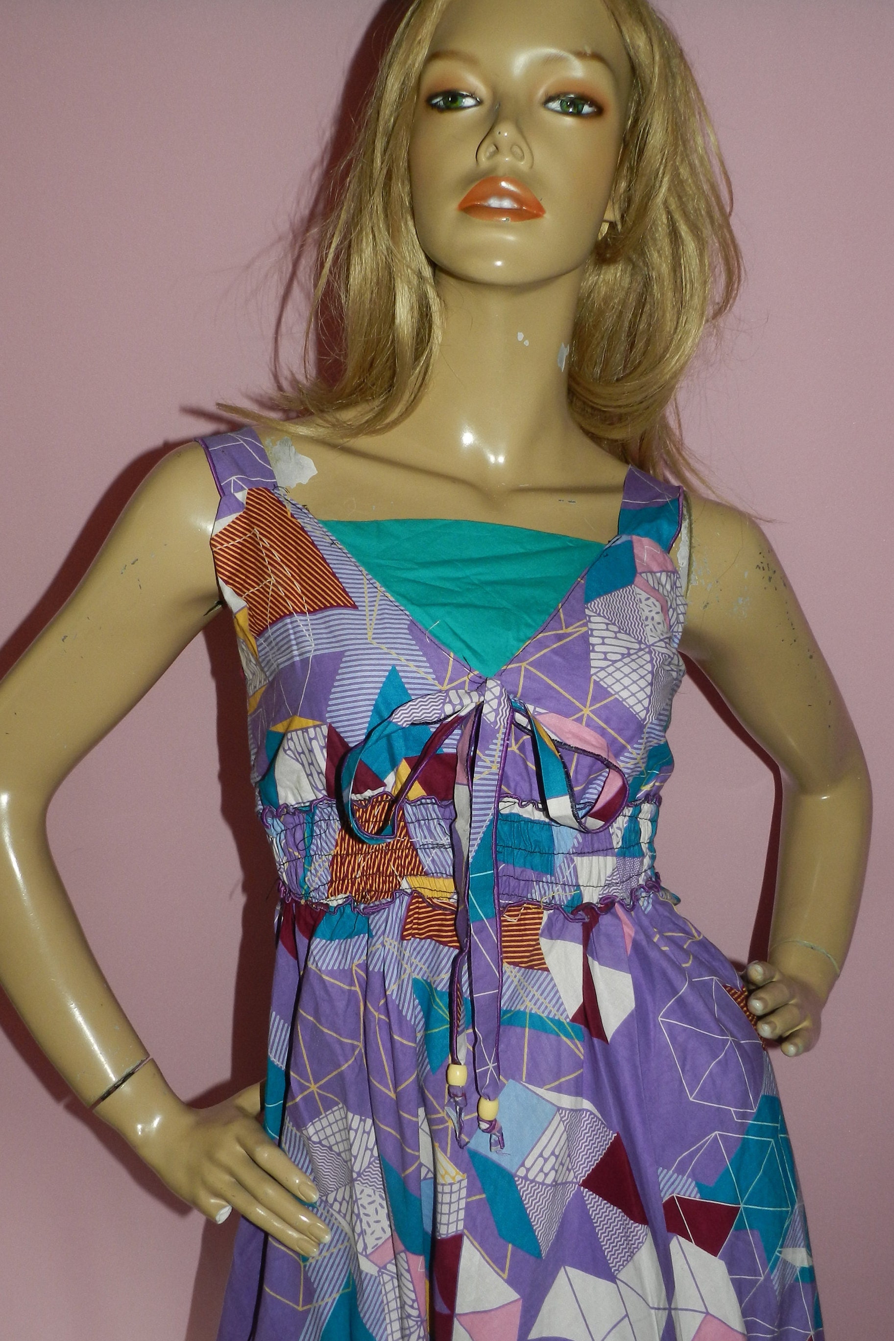 Vintage 70s Bold Multicoloured GEOMETRIC Print Summer Sun Dress 6-8 XS ...