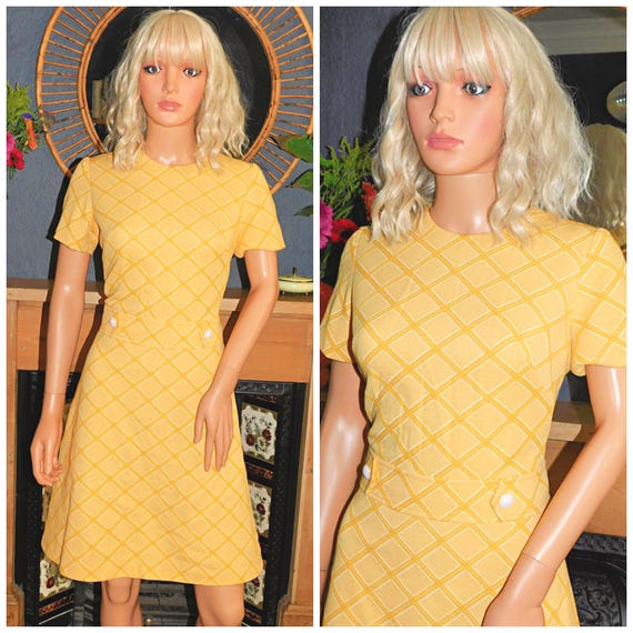 Vintage 60s CANARY Yellow MOD Scooter Dress 12 14 M 1960s Modette Kitsch Check