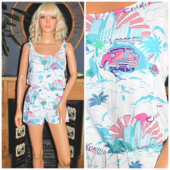 Vintage 80s NOVELTY California Art Deco CAR Print Short Playsuit Jumpsuit 6 8 XS Nu Wave 1980s Kitsch Palm Tree