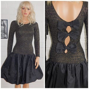 Vintage 80s Black METALLIC Gold CUTOUT BOW Bubble Hem Prom Party Dress 6 8 Xs 1980s