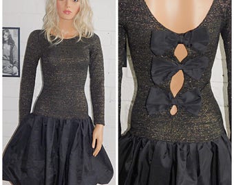 Vintage 80s Black METALLIC Gold CUTOUT BOW Bubble Hem Prom Party Dress 6 8 Xs 1980s