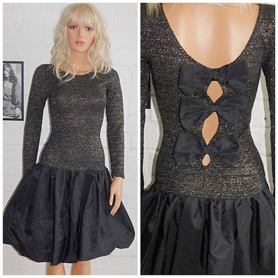 Vintage 80s Black METALLIC Gold CUTOUT BOW Bubble Hem Prom Party Dress 6 8 Xs 1980s