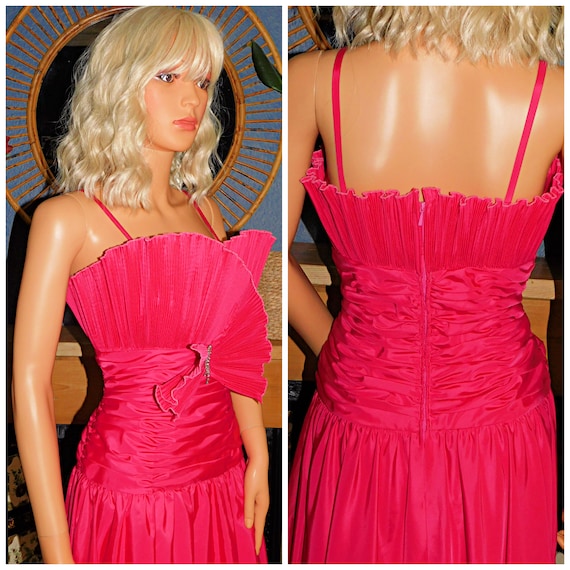 Vintage 80s BUBBLEGUM Pink ORIGAMI Ruched Prom Pa… - image 5