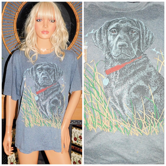 Vintage 80s 90s TRASHED Soft SINGLE Stitch Grey DOG Print T Shirt M L 1990s Unisex Graphic Tee