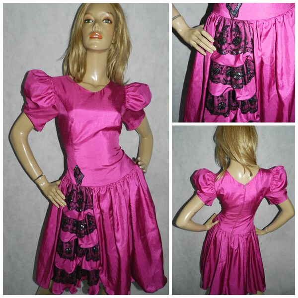 Vintage des années 1980 BUBBLEGUM rose/noir Puff slvd princesse prom robe de cocktail années 80 8 Cocktail paillette/lace trim