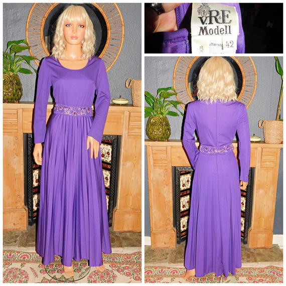 Vintage 70s PURPLE ACCORDION Pleated Maxi GODDESS Dress 14 M 1970s