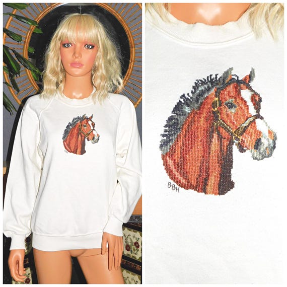 Vintage 80s 90s White EMBROIDERED HORSE Sweatshirt Xs S 1980s 1990s