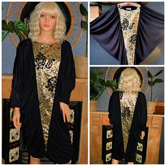 Vintage 80s AVANT GARDE Black METALLIC Gold  Extreme Batwing Cocktail Party Dress S M L 1980s Trashy Cocoon Kitsch Fancy Prom