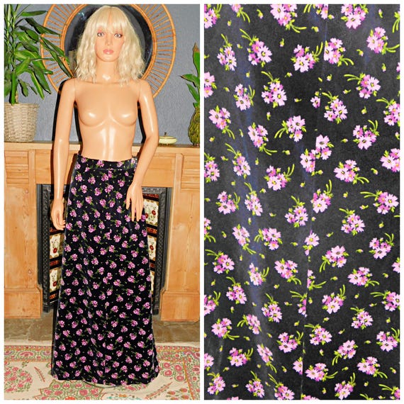 Vintage 70s Black Purple Green VELVET DITSY Floral Print Maxi Skirt 10 S 1970s Bohemian Boho