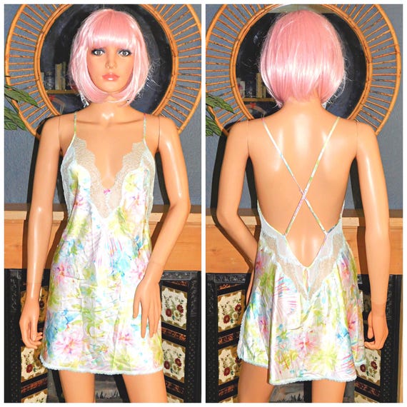 Vintage Y2K PASTEL Floral Print Lace Trim Slip Dress Top 10 S Grunge Disco Coquette Victorias Secret Lingerie