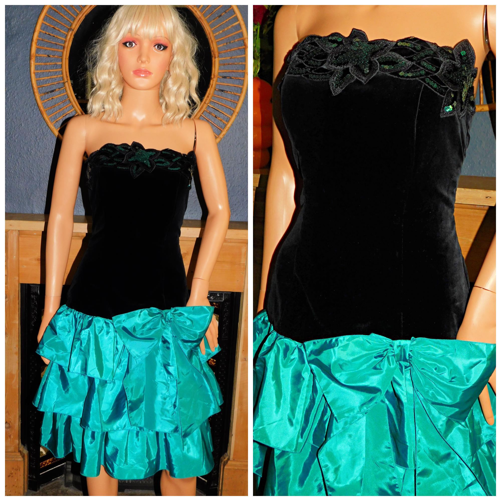 Vintage 80s Black Emerald Green Drop Waist BOW RARA Mini Prom Party Dress 8  10 S Avant Garde 1980s Cocktail Evening Kitsch