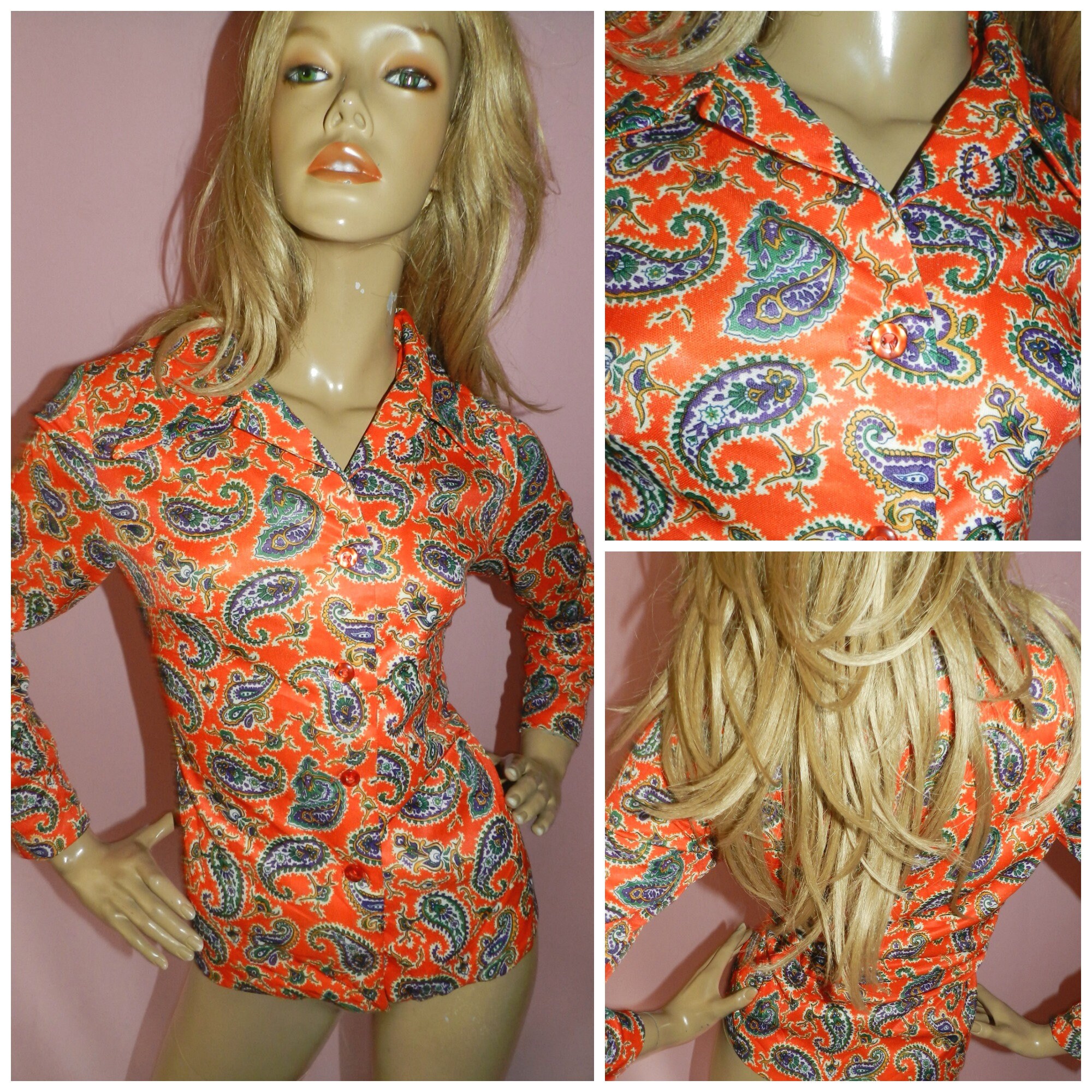 Vintage 1960s 1970s Orange PAISLEY Print Mod shirt blouse 12 M Sharp ...