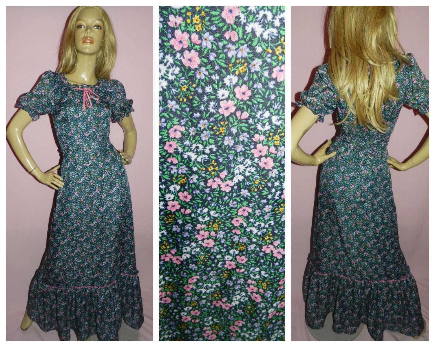 Vintage 70s BOHEMIAN Hippy DITSY Floral Boho Maxi dress 8 XS 1970s ...