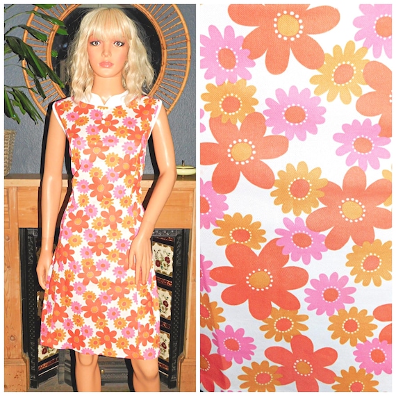 Vintage 60s Orange Pink FLOWER POWER PSYCHEDELIC Mod Scooter Dress 16-18 L Xl 1960s Modette Kitsch