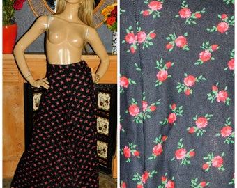 Vintage 70s Black Multicoloured FLORAL ROSE Print Maxi Skirt 10-12 M 1970s Pink Green