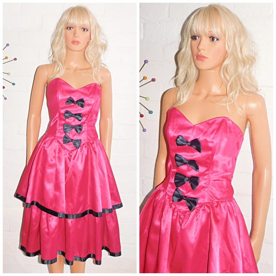 Vintage 80s BUBBLEGUM Pink Black BOW Front RARA Strapless Prom Party Dress 8 Xs S 1980s Cocktail Evening