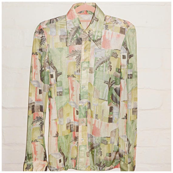 Vintage 1960s 1970s NOVELTY House Tree Print Nylon DAGGER Collar Shirt Blouse 10 S 1970s Kitsch
