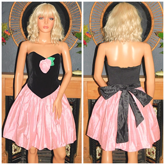 Vintage 80s Black BABY Pink Strapless BOW Back Prom Party Dress 12-14 M Kitsch