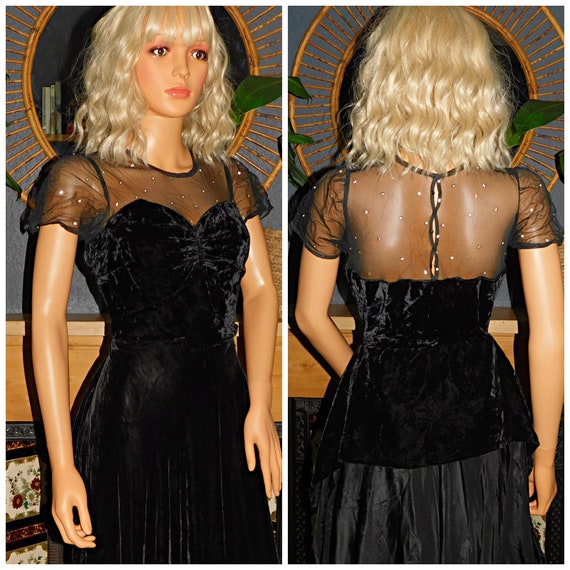 Vintage 30s Black Silk VELVET Net Tulle DIAMANTE … - image 2