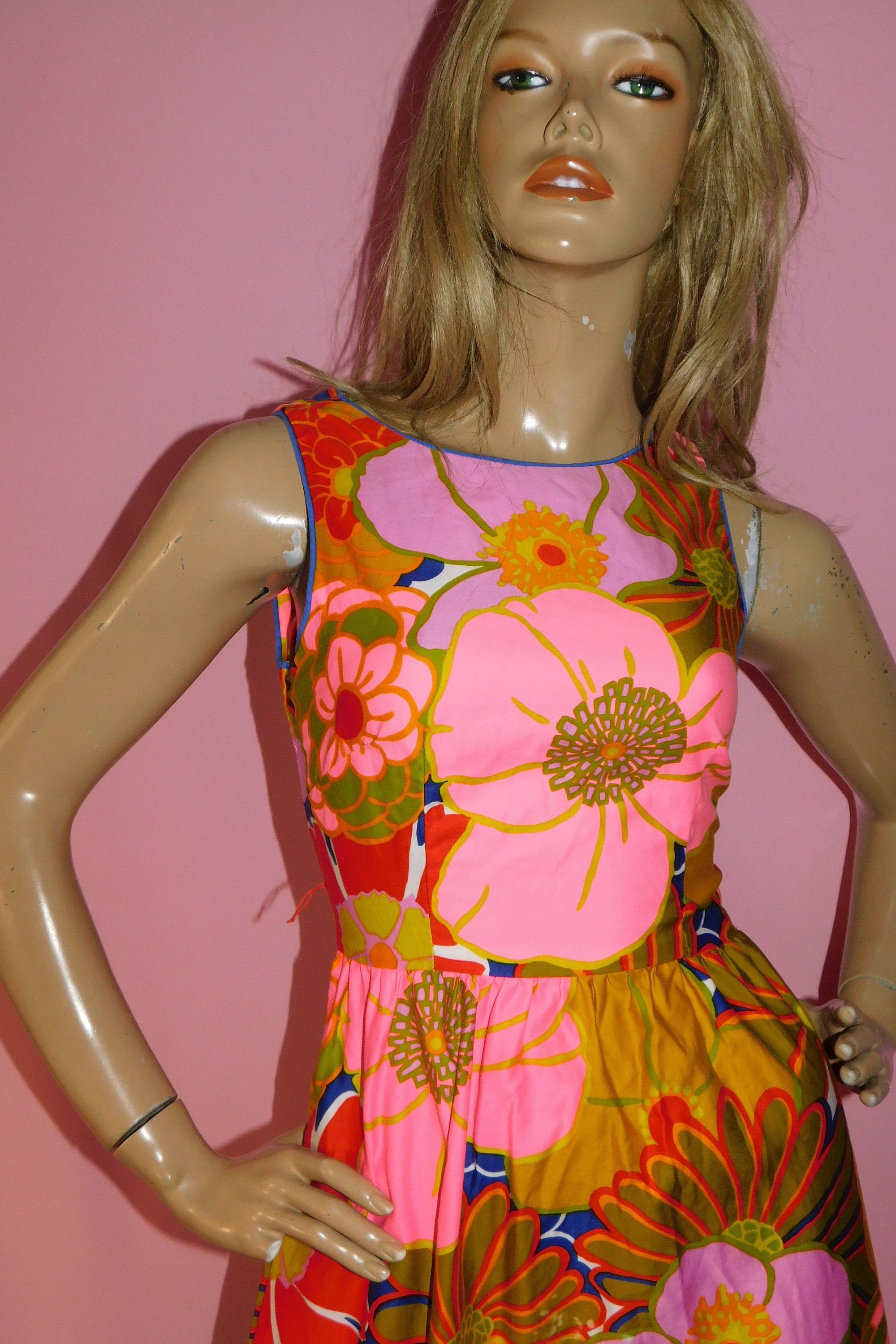 Vintage 70s PSYCHEDELIC FLOWER POWER Kitsch Maxi Dress 8 S 1970s Evelyn ...